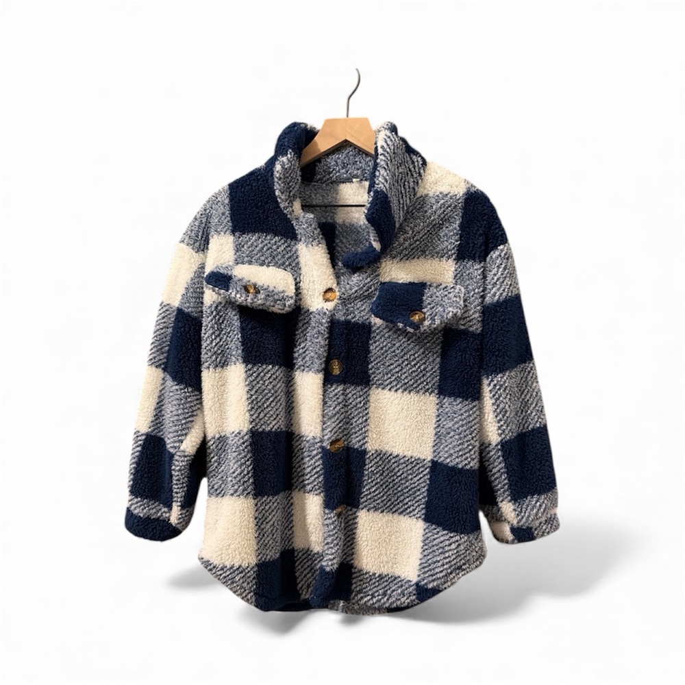 Kids Plaid Fleece Shirt - Blue and Cream